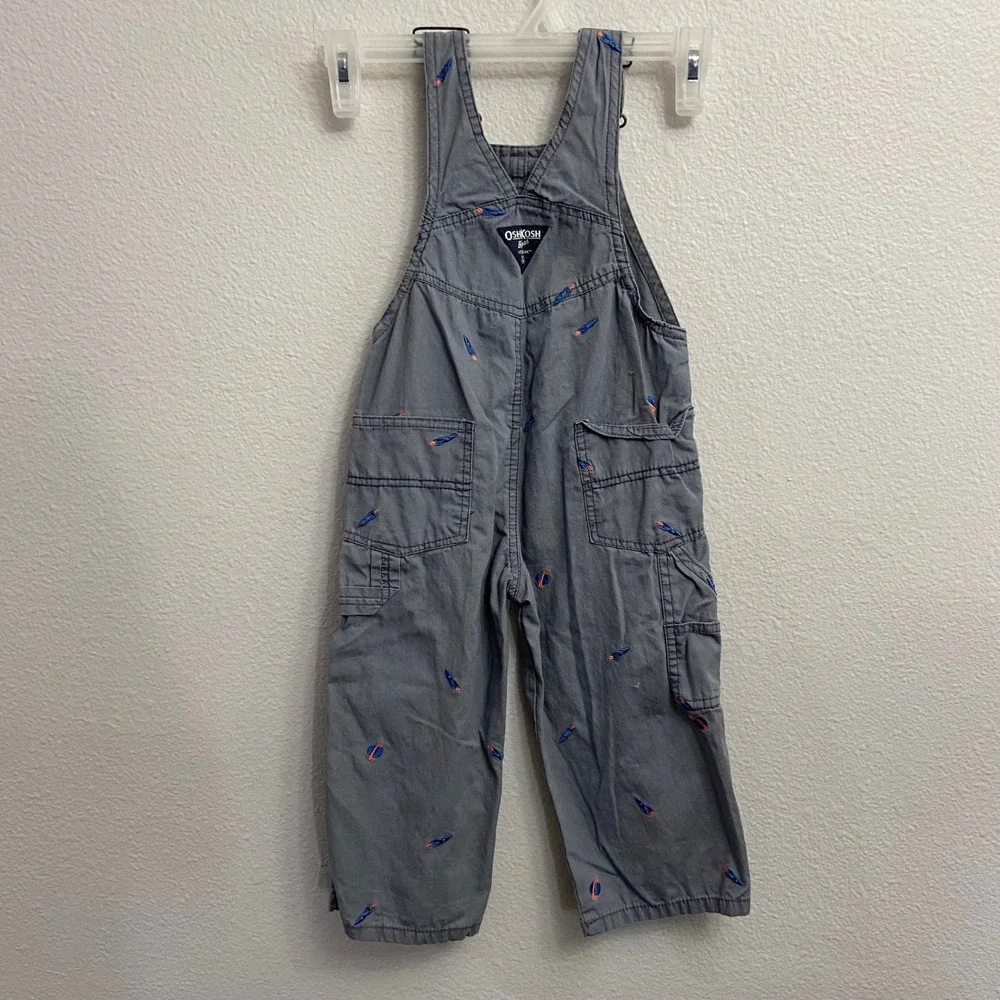 OshKosh B'gosh Boys Size 2T Gray Rocket Ship Planet Embroidered‎ Denim Overalls